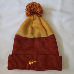 Nike Red and Yellow Knit Beanie with Pom-Pom